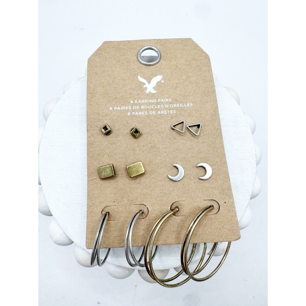 American Eagle outfitters 6 Pairs Boho Earrings On Card Studs Hoops Gold Silver